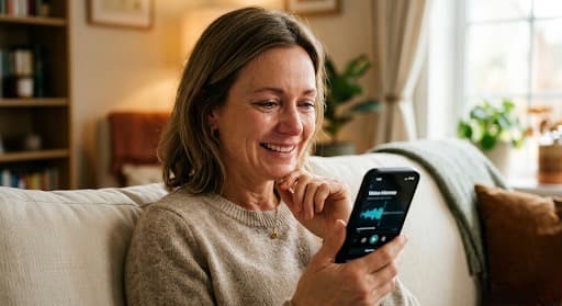 A woman smiling while listening to her parent's stories on her phone